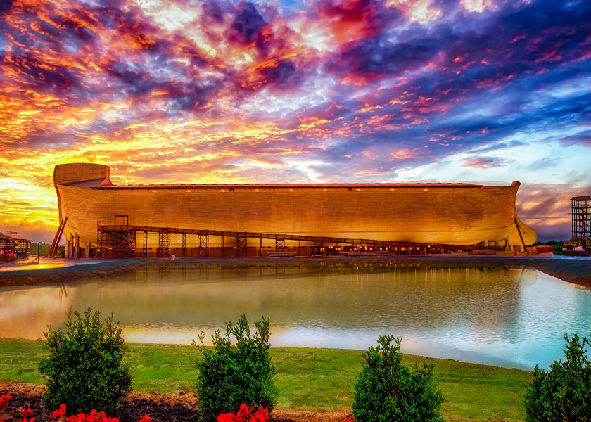 The Ark Encounter, a full-size replica of Noahs Ark, is shown at sunset.